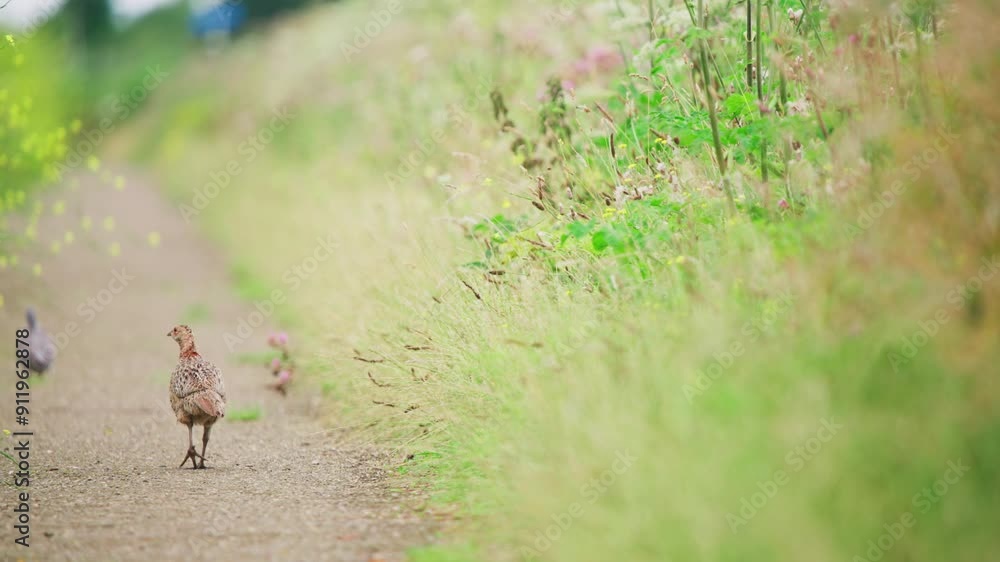 Common Pheasant walks on dirt path between tall grass turning head watching, telephoto rearview, Groenzoom Netherlands