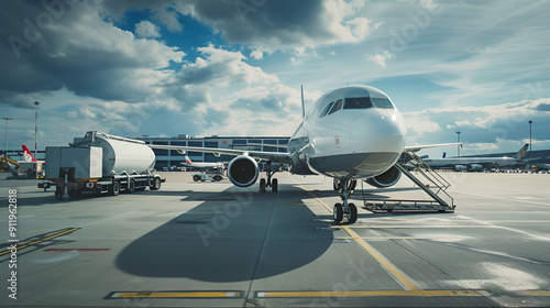 Commercial airplane parked on an airport tarmac being loaded using advanced machinery.