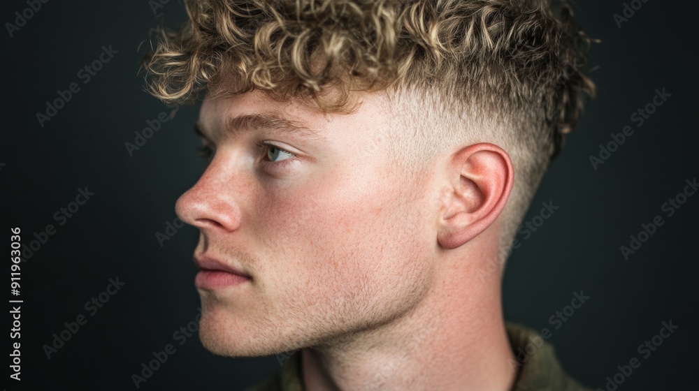 Fototapeta premium A young man showcases his stylish modern curly hairstyle, striking a thoughtful pose