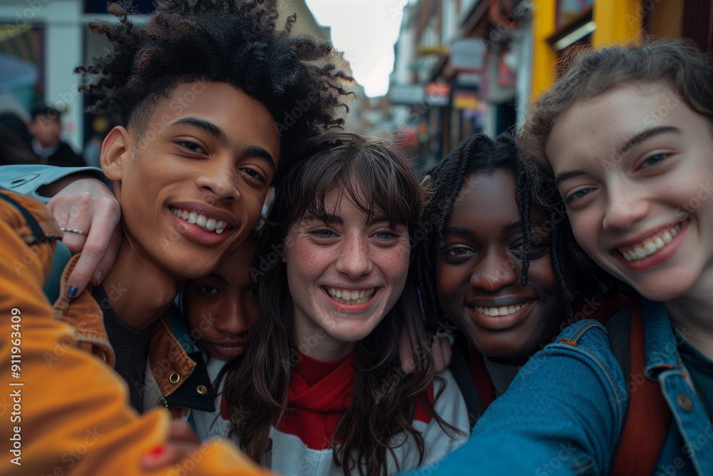 Portrait, selfie of a group of multiethnic friends looking at the camera and smiling. Portrait, selfie of a group of multiethnic friends looking at the camera and smiling.