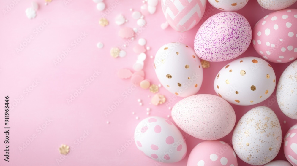 Easter eggs in shades of pink and white scattered across a pastel pink surface for festive decoration Easter eggs in shades of pink and white scattered across a pastel pink surface for festive decoration