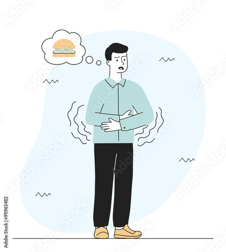 Hungry man dream about hamburger. Young guy holds his stomach and thinks about delicious burger. Person wants fast food and takeaway eating. Linear vector illustration