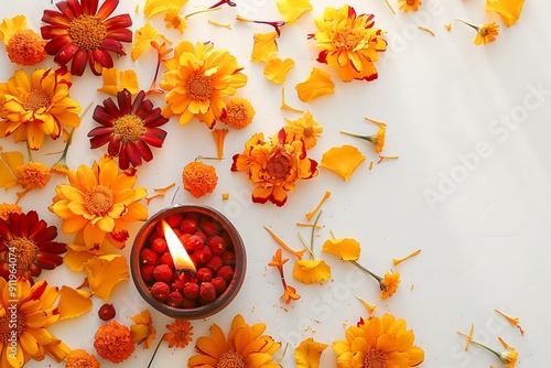 Burning candle with marigold flowers and petals on white background photo