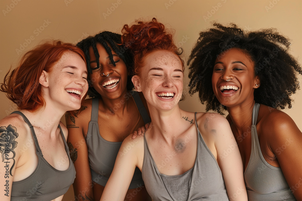 A group of multiethnic friends smiling and hugging each other, friendship, standing, photo studio photo A group of multiethnic friends smiling and hugging each other, friendship, standing, photo studio photo