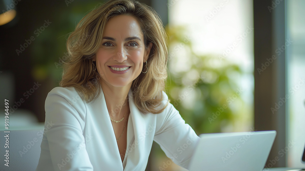 Fototapeta premium Middle-Aged European CEO Smiling and Using Laptop at Office Desk