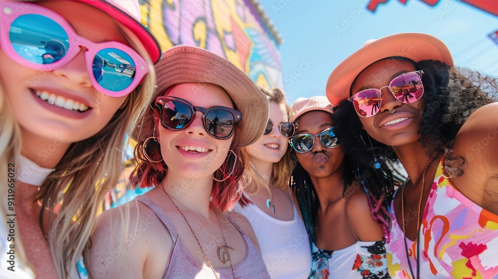 Four young women smiling and wearing sunglasses for a close-up photo. Four young women smiling and wearing sunglasses for a close-up photo.
