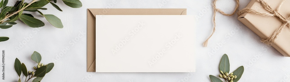 Stylish blank card and gift box arrangement with greenery on light background, perfect for any occasion or celebration. Stylish blank card and gift box arrangement with greenery on light background, perfect for any occasion or celebration.