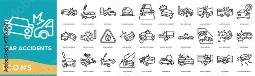 Car Accidents icon set. Collision Scene, Traffic Accident, Car Crash, Vehicle Damage, Road Collision, Automotive Accident, Car Wreckage, Road Accident and Auto Collision