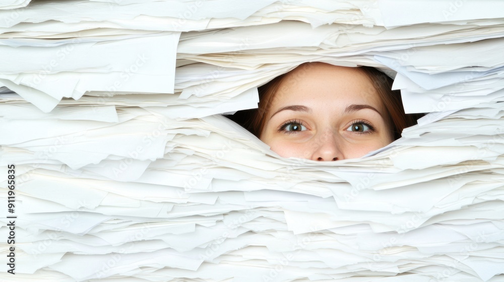 A woman looks out from a massive pile of paperwork, expressing overwhelm in her office environment A woman looks out from a massive pile of paperwork, expressing overwhelm in her office environment