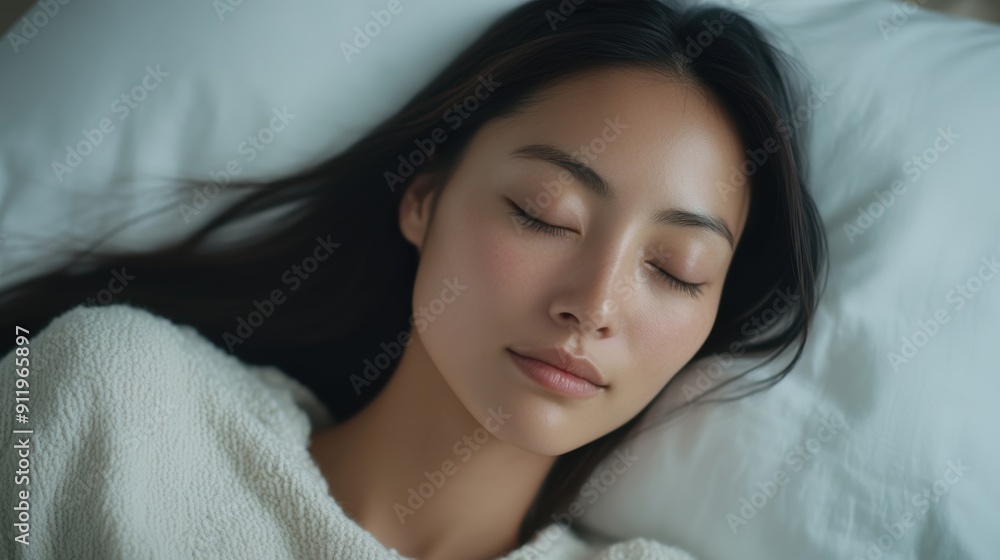 A woman sleeps peacefully on a soft white pillow, surrounded by tranquility in a cozy bedroom A woman sleeps peacefully on a soft white pillow, surrounded by tranquility in a cozy bedroom