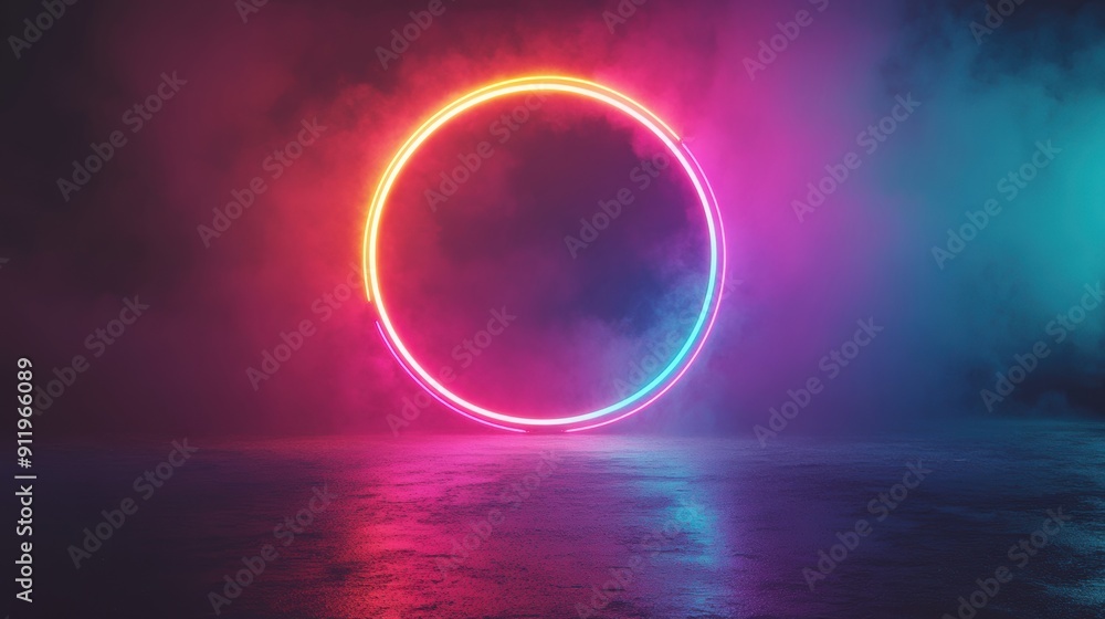 A brightly illuminated circular frame glows in neon colors against a dark, misty backdrop A brightly illuminated circular frame glows in neon colors against a dark, misty backdrop