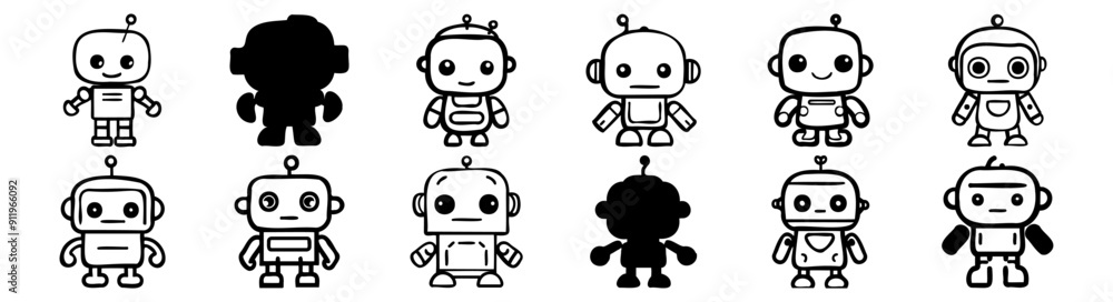 Robot silhouettes set, pack of vector silhouette design, isolated background Robot silhouettes set, pack of vector silhouette design, isolated background