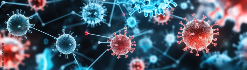 Vibrant digital illustration of viruses with intricate details, showcasing their structure in a striking, colorful background. Vibrant digital illustration of viruses with intricate details, showcasing their structure in a striking, colorful background.