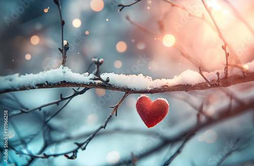 A small heart on branches in winter scene on a tree branch, love heart concept, valentine`s day card photo