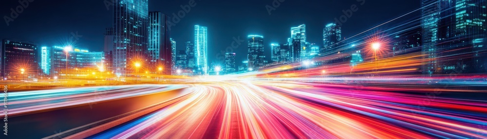 Obraz premium Vibrant light trails illuminate a city skyline, showcasing the rush and energy of urban life at night.