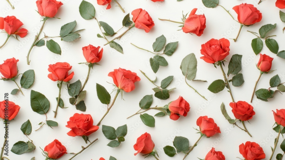 Fototapeta premium Fresh red roses with green leaves create a vibrant pattern on a clean white background