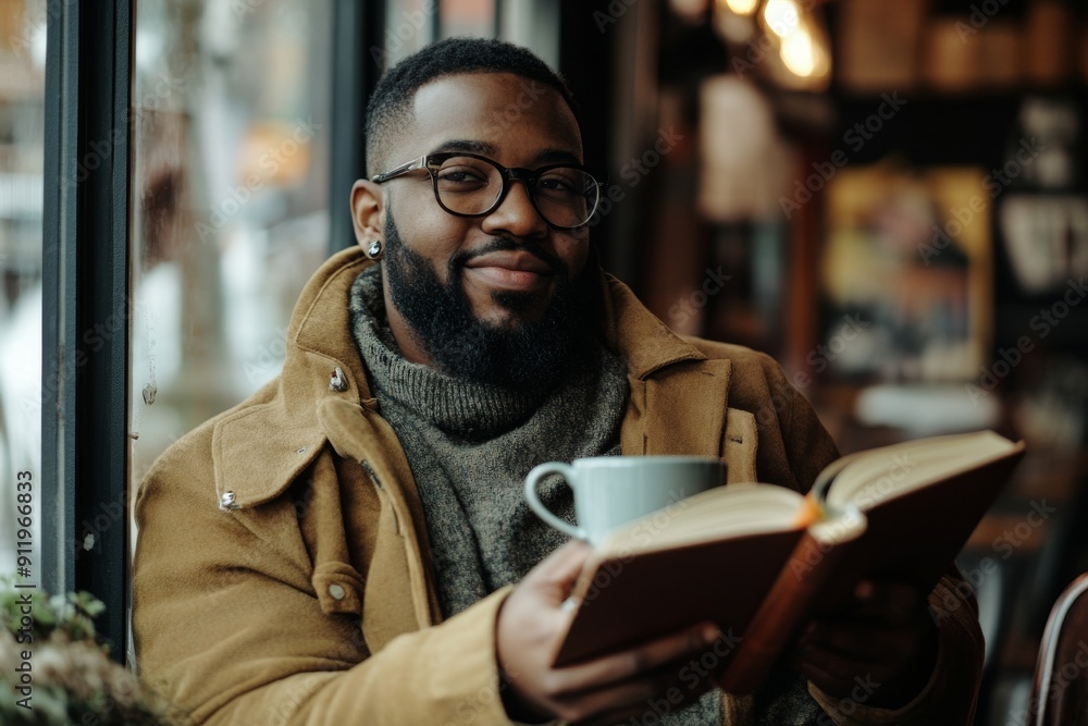 A bearded Black hipster sipping coffee with a book in hand in a cozy cafe A bearded Black hipster sipping coffee with a book in hand in a cozy cafe