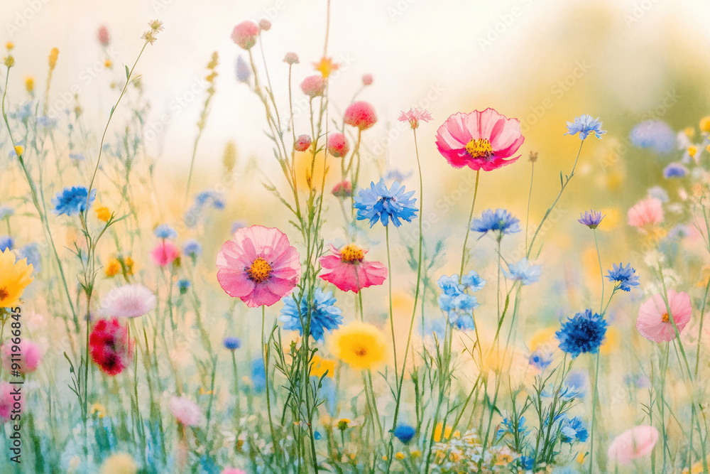 Vibrant Wildflowers in Bloom Under Soft Sunlight in a Serene Meadow