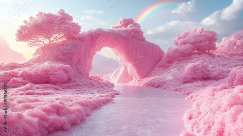 Pink Fantasy Landscape with River and Rainbow Arch
