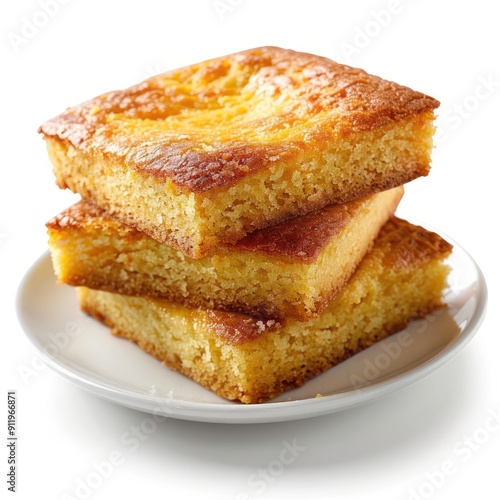 A white plate stacked with three cake slices.