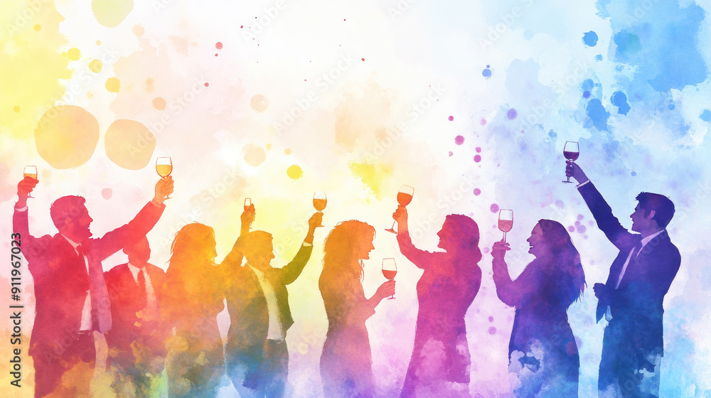 Vibrant Watercolor Silhouette of People Celebrating with Drinks in Hand at a Festive Party Vibrant Watercolor Silhouette of People Celebrating with Drinks in Hand at a Festive Party