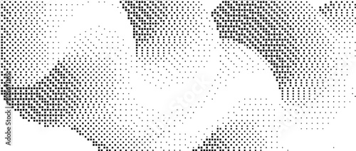 Pixelated gradient wave shape. Black dither squiggle texture background. Dotted fluid curvy form for banner, poster, leaflet. Abstract rasterized undulated overlay wallpaper. Vector comic backdrop