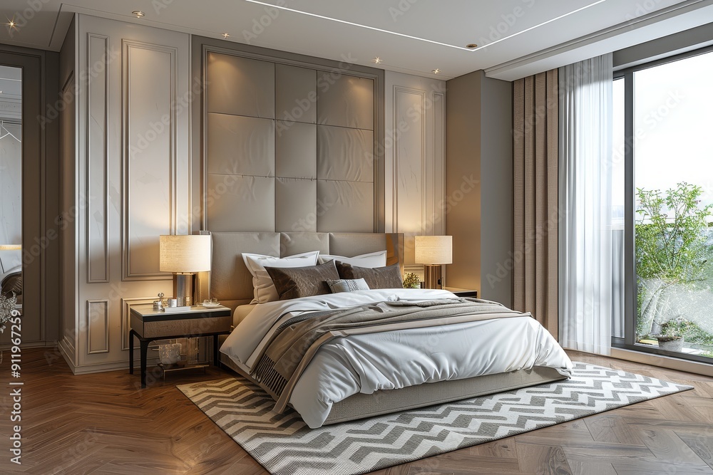 Modern bedroom with bed, grey and beige wall paneling, wooden flooring, herringbone rug, bedside tables, lamps, wardrobe, white curtains, and window, ultra-realistic cinematic style Modern bedroom with bed, grey and beige wall paneling, wooden flooring, herringbone rug, bedside tables, lamps, wardrobe, white curtains, and window, ultra-realistic cinematic style