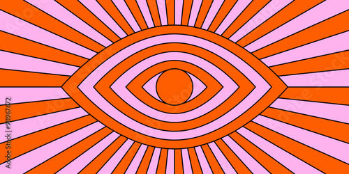 Retro trippy psychedelic background. Red and pink groovy evil eye with ray burst wallpaper. Vintage colorful hippie tunnel poster. Mental hypnotic vibe concept. Vector backdrop