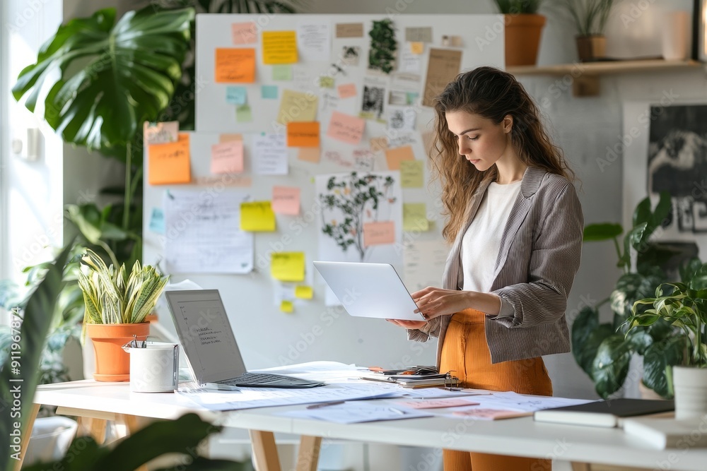 businesswoman surrounded by papers and a laptop preparing for a presentation businesswoman surrounded by papers and a laptop preparing for a presentation