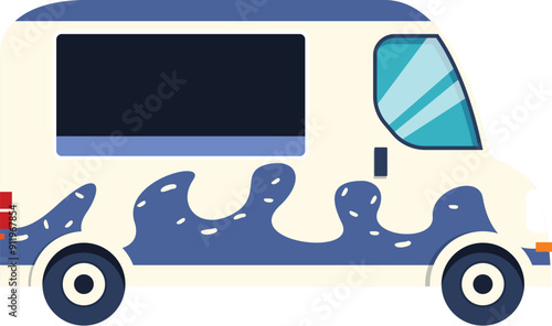 White food truck offering street food with blue wave pattern