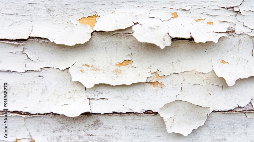 Obraz premium Old white paint is flaking off a wooden surface, revealing the weathered texture underneath