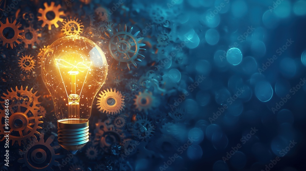 Glowing lightbulb with gears representing innovative ideas. Glowing lightbulb with gears representing innovative ideas.