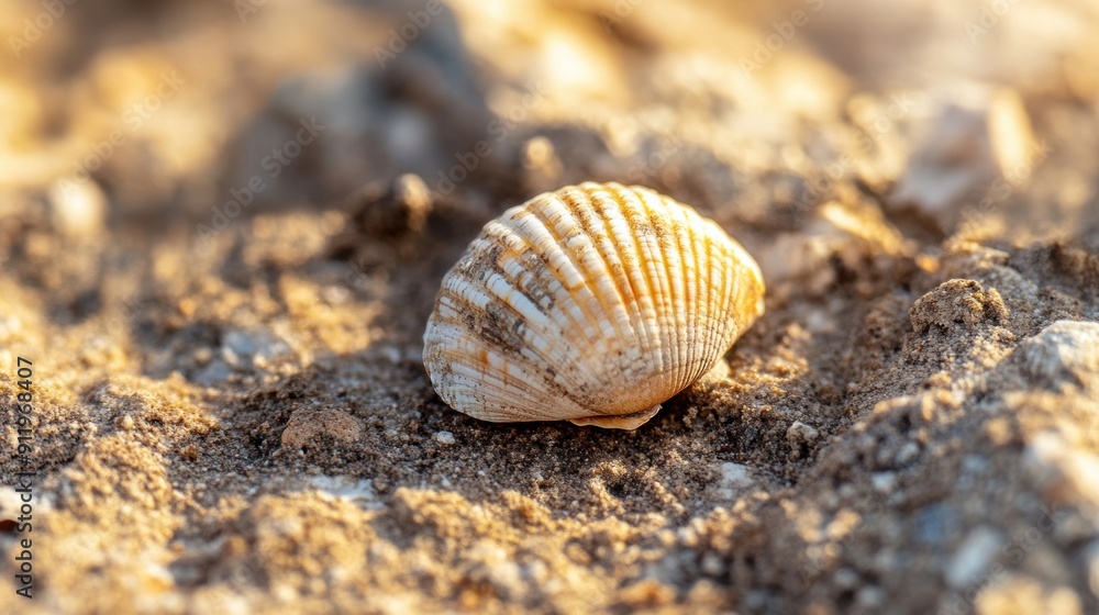 A seashell lies nestled in rocky terrain, illuminated by warm light from a stunning sunset A seashell lies nestled in rocky terrain, illuminated by warm light from a stunning sunset