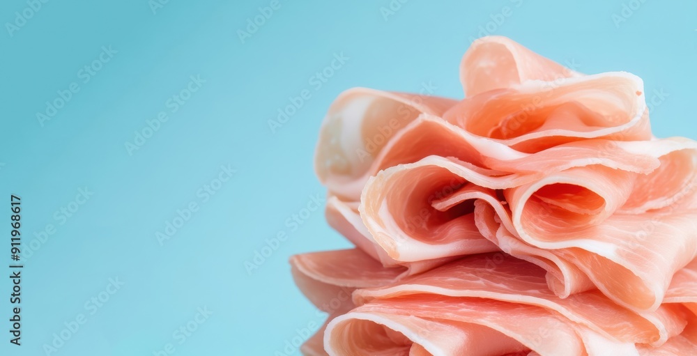Thinly sliced prosciutto is artistically piled high against a soft blue backdrop, showcasing its delicate texture Thinly sliced prosciutto is artistically piled high against a soft blue backdrop, showcasing its delicate texture