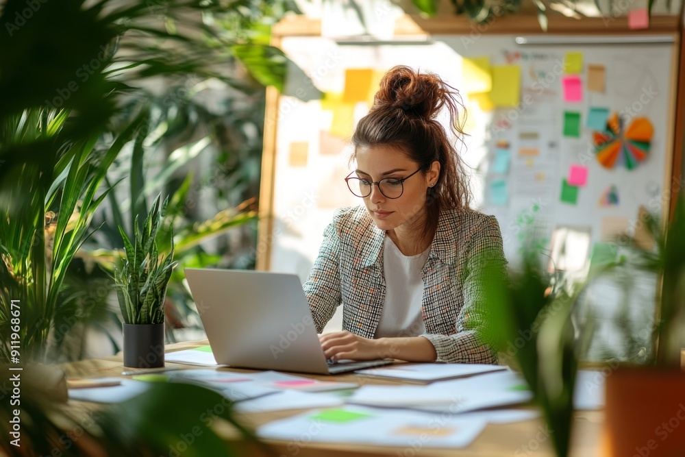 businesswoman surrounded by papers and a laptop preparing for a presentation businesswoman surrounded by papers and a laptop preparing for a presentation