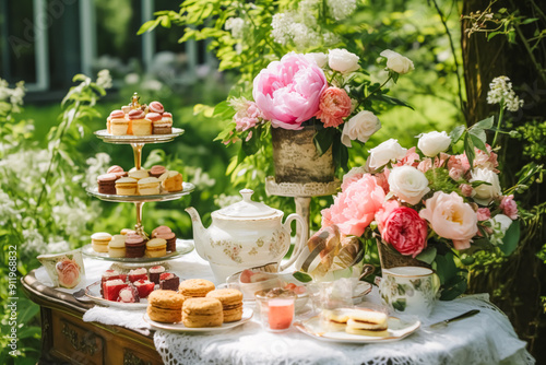 Dessert buffet with peony flowers, catering for wedding, party and holiday celebration, cakes and desserts in a countryside garden, post-processed, generative ai