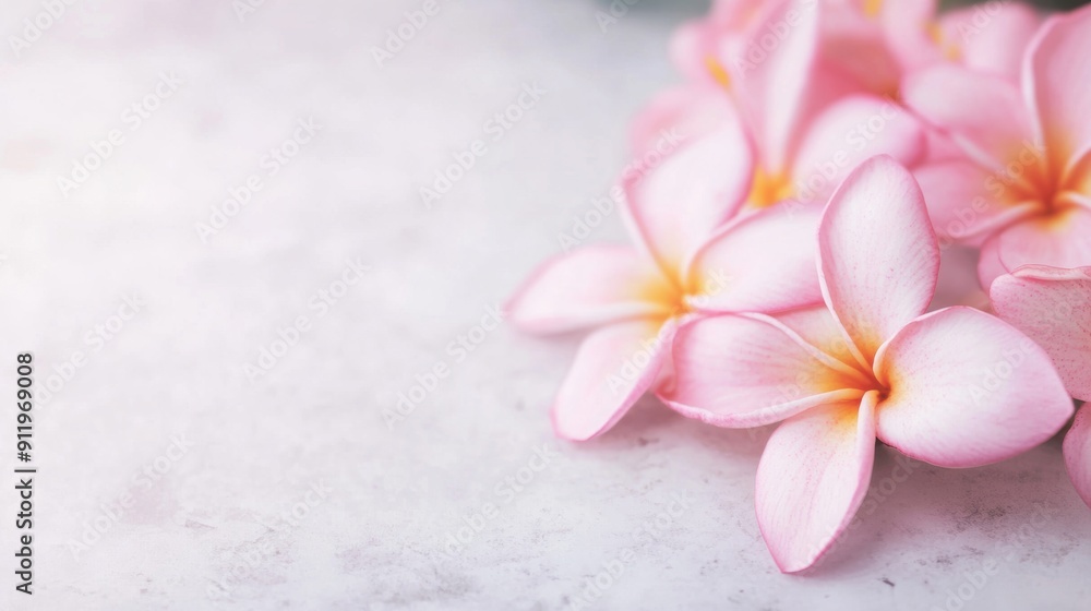 Soft pink plumeria flowers rest elegantly on a serene white backdrop, showcasing delicate petals and vivid details Soft pink plumeria flowers rest elegantly on a serene white backdrop, showcasing delicate petals and vivid details