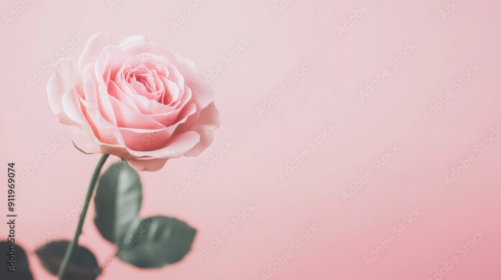 Fototapeta premium A beautiful pink rose blooms gracefully, showcasing its delicate petals against a soft pink backdrop