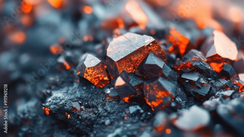 Glimmering red crystals rest on a rugged black rock surface, reflecting bright light beautifully photo