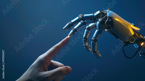 Robot hand making contact with human finger on dark blue background