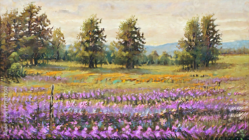 Wallpaper Mural Purple wildflowers in a field with trees and a mountain view. Torontodigital.ca