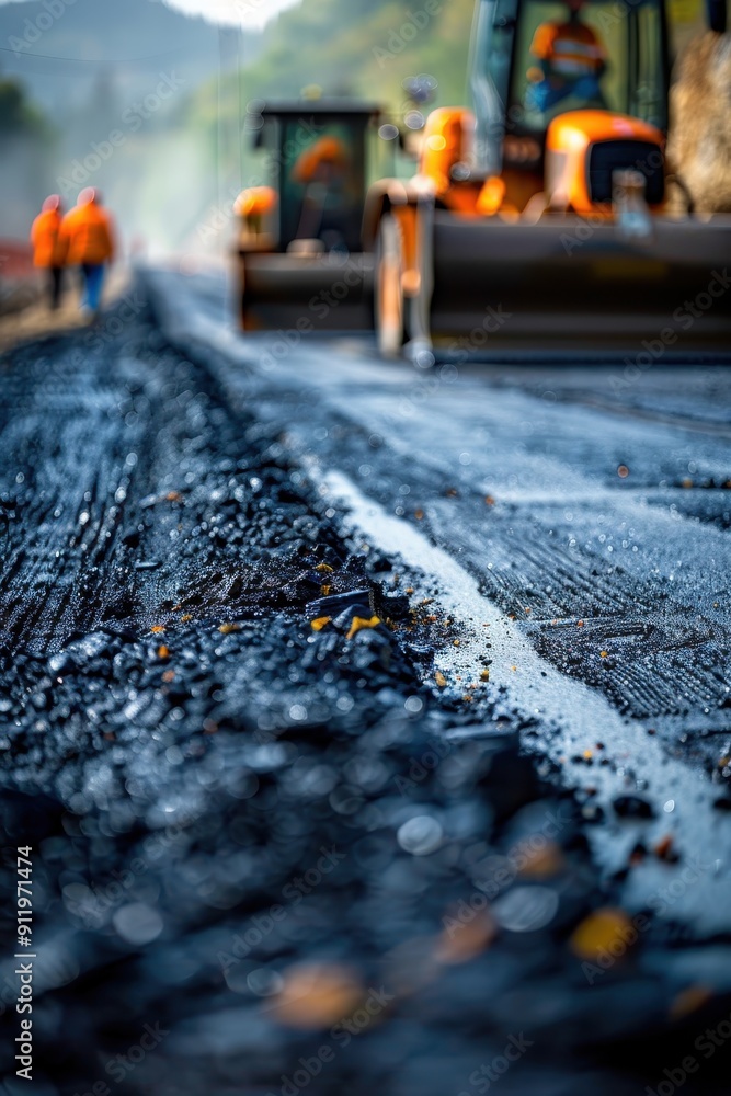 Naklejka premium Road Construction with Heavy Machinery and Workers in Safety Gear on a Sunny Day
