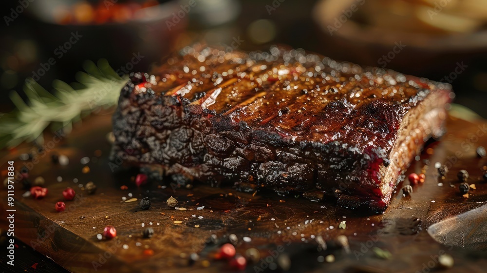 Barbecue ribs on a wooden tray covered with seasonings and peppers.