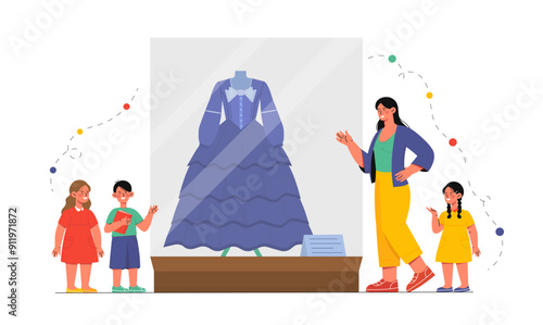 Museum of medieval costumes. Female guide shows boys and girls medieval dress. History of fashion. Visitors in museum and exhibition. Flat vector illustration