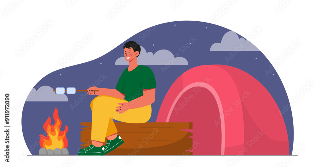 Man with night picnic. Young guy with marshmallows sitting near campfire. Active lifestyle, travel and tourism. Hiking and camping. Flat vector illustration Man with night picnic. Young guy with marshmallows sitting near campfire. Active lifestyle, travel and tourism. Hiking and camping. Flat vector illustration