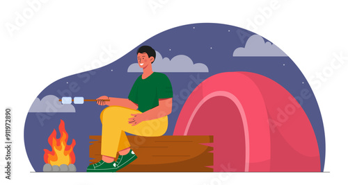 Man with night picnic. Young guy with marshmallows sitting near campfire. Active lifestyle, travel and tourism. Hiking and camping. Flat vector illustration