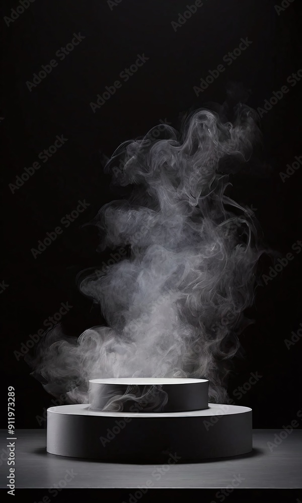 Gray podium with smoke for various products, atmospheric lighting, dynamic composition Gray podium with smoke for various products, atmospheric lighting, dynamic composition