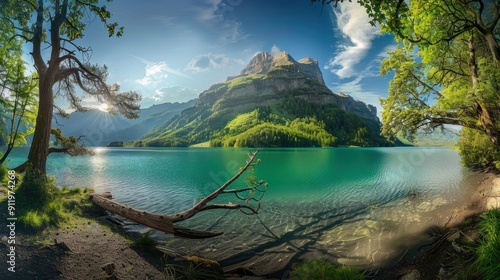 Tranquil Mountain Lake with Sunlit Skies