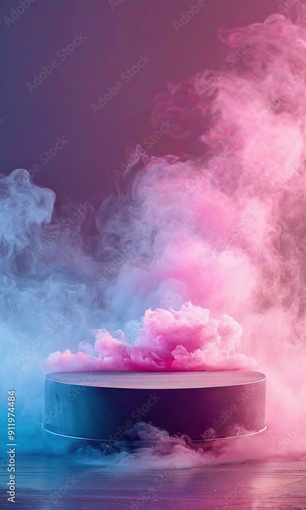 The round empty podium has a pastel pink and blue colored smoke cloud background for a product presentation The round empty podium has a pastel pink and blue colored smoke cloud background for a product presentation