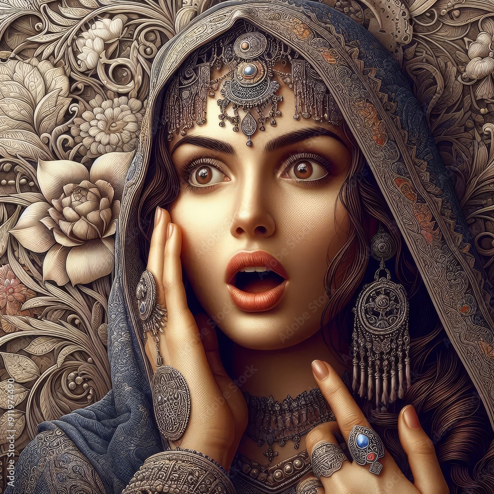 Fototapeta premium beautiful surprised girl detailed in medieval style 